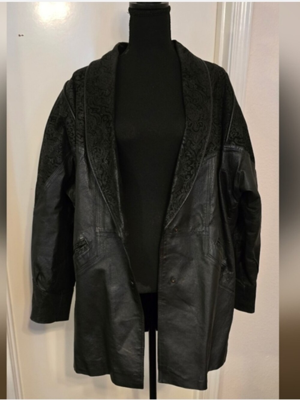 Women’s Vintage Black Leather Long Jacket with Embossed Shawl Collar